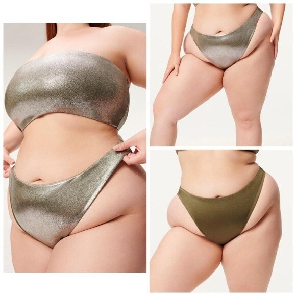 GOOD AMERICAN Reversible Bikini Bottom 2XL Cheeky Stormy Foil Olive Green NWT - Picture 1 of 10